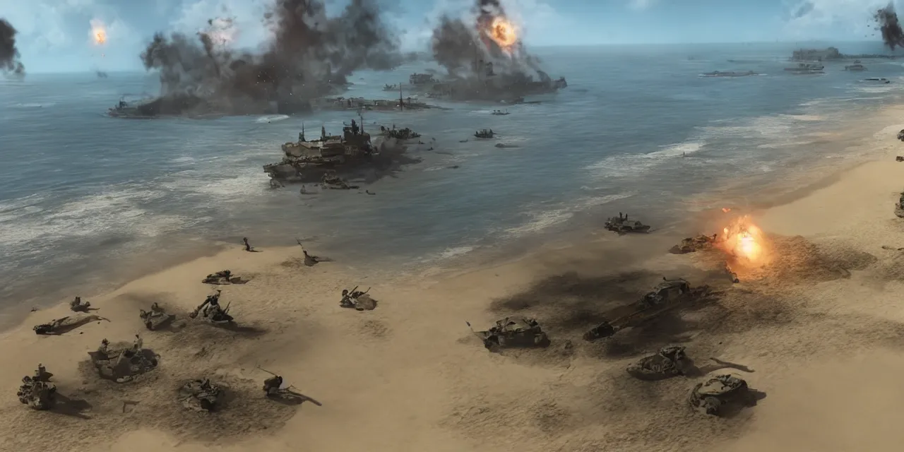 Prompt: fantasy d-day beach landing, realistic, explosions, cinematic, dragons, unreal engine