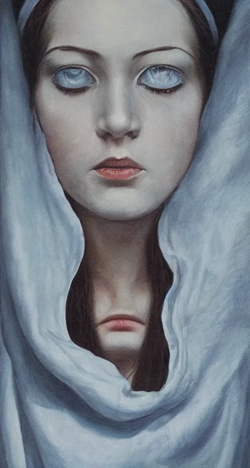 Prompt: hyperrealism oil painting, extra close-up portrait, 70s french female damage cyborg under the cloak, pale skin, grey eyes, sense of mystery and loneliness, childhood memory, old artbook, ocean pattern and night sky, in style of classicism mixed with 70s japan book art