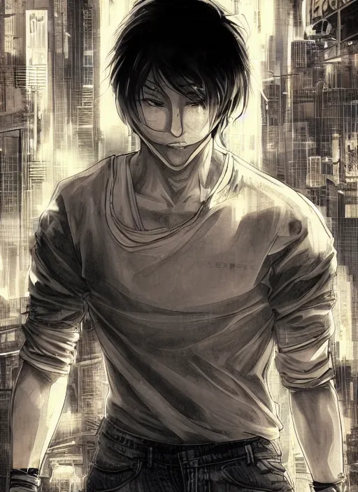 Prompt: manga cover, white man in a white tanktop and jeans, intricate cyberpunk city, emotional lighting, character illustration by tatsuki fujimoto