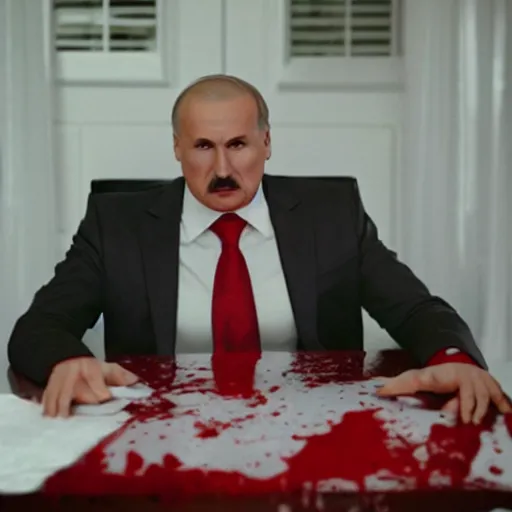 Image similar to Alexander Lukashenko as the American Psycho, staring psychopathically, sweating hard, covered in blood, cinematic still