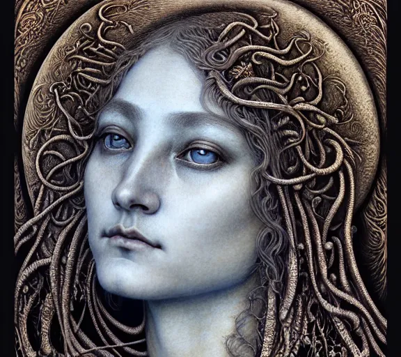 Image similar to detailed realistic beautiful moon goddess face portrait by jean delville, gustave dore, iris van herpen and marco mazzoni, art forms of nature by ernst haeckel, art nouveau, symbolist, visionary, gothic, neo - gothic, pre - raphaelite, fractal lace, intricate alien botanicals, ai biodiversity, surreality, hyperdetailed ultrasharp octane render