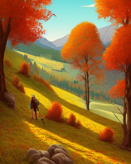 Image similar to autumn hillside boy hiking illustration detailed, by quentin mabille