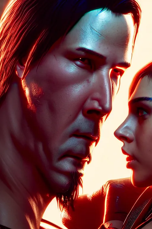 Image similar to cyberpunk 2077 couple portrait of Keanu Reeves and V in love story, fantasy, captivating dynamic facial expression, intricate, elegant, dramatic lighting, emotionally evoking symbolic metaphor, highly detailed, lifelike, photorealistic, digital painting, artstation, concept art, smooth, sharp focus, illustration, art by John Collier and Albert Aublet and Krenz Cushart and Artem Demura and Alphonse Mucha