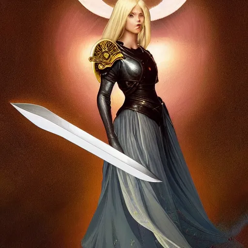 Prompt: A beautiful digital painting of a female angel with blonde hair and a sword in her hand, princess, the moon behind her, D&D, fantasy, intricate, cinematic lighting, highly detailed, digital painting, Artstation, concept art, smooth, sharp focus, illustration, art by Artgerm and Greg Rutkowski, Alphonse Mucha and charlie bowater
