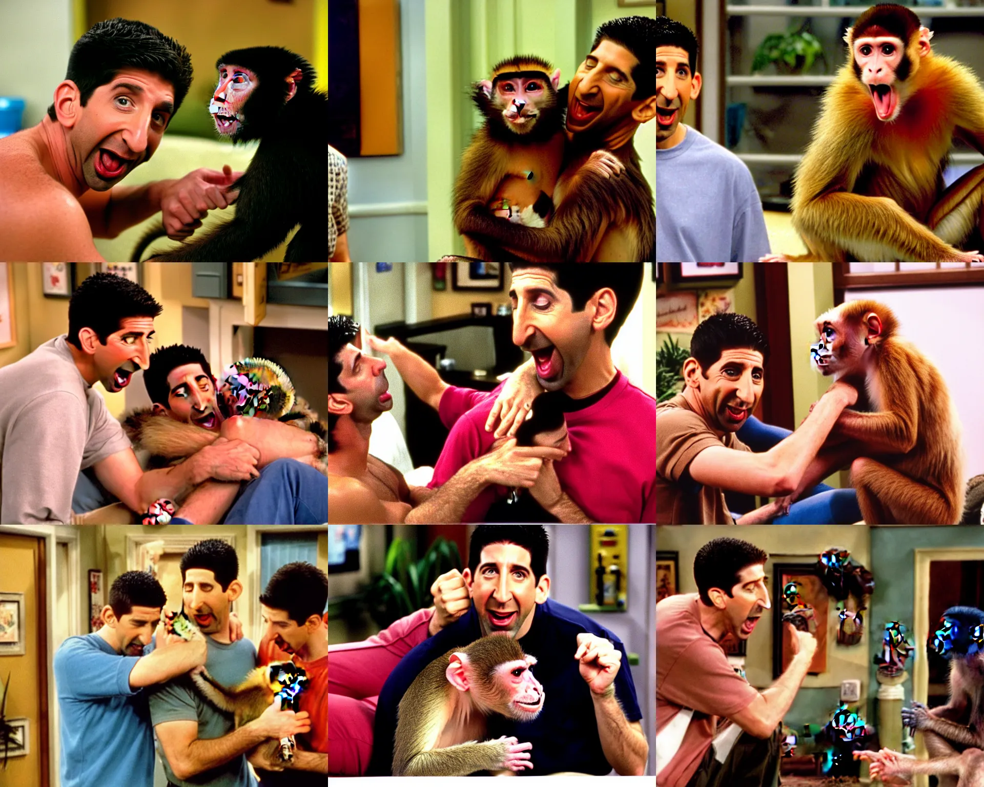 Prompt: ross geller in his apartment being bitten on the arm by a capuchin monkey, ross geller screaming, friends 9 0 s sitcom, kodak porta, wideshot,