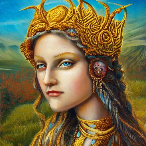 Prompt: pharanthya, the beautiful norse goddess of spring, oil on canvas, highly detailed, vibrant colors, golden sunlight