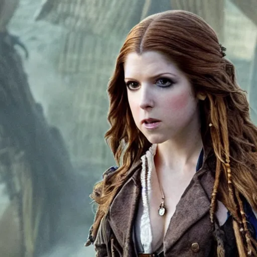 Image similar to still of Anna Kendrick as Captain Sparrow in Pirates of the Caribbean remake 2029