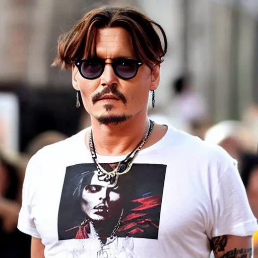 Image similar to johnny depp with a cool t - shirt that says comicsgate