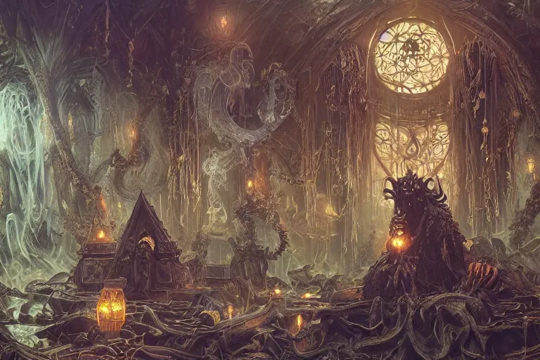 Image similar to a lovecraftian painting of a demonic shrine, occult, cult members evil ritual, cosmic horror elements, ultra realistic, concept art, intricate details, eerie, highly detailed, photorealistic, octane render, 8 k, unreal engine. art by artgerm and greg rutkowski and alphonse mucha