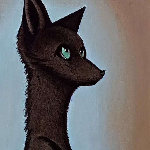 Prompt: portrait of a male anthro anthropomorphic black fox furry fursona with hands on eyes, wearing a suit, 1 9 7 0 s oil on canvas painting, by famous artist jylon denja