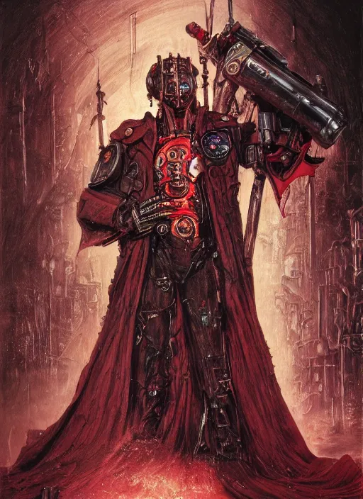 Image similar to portrait of rotten Nicolas Cage as adeptus mechanicus in red hood and robe from Warhammer 40000. Highly detailed, artstation, illustration by and John Blanche and zdislav beksinski and wayne barlowe