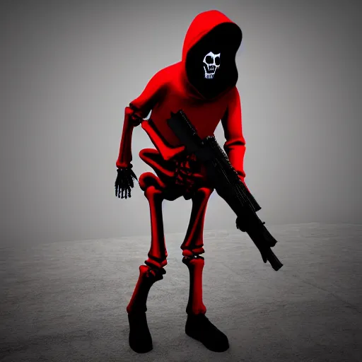 Image similar to a skeleton in a red hoodie with a rifle ultrarealism