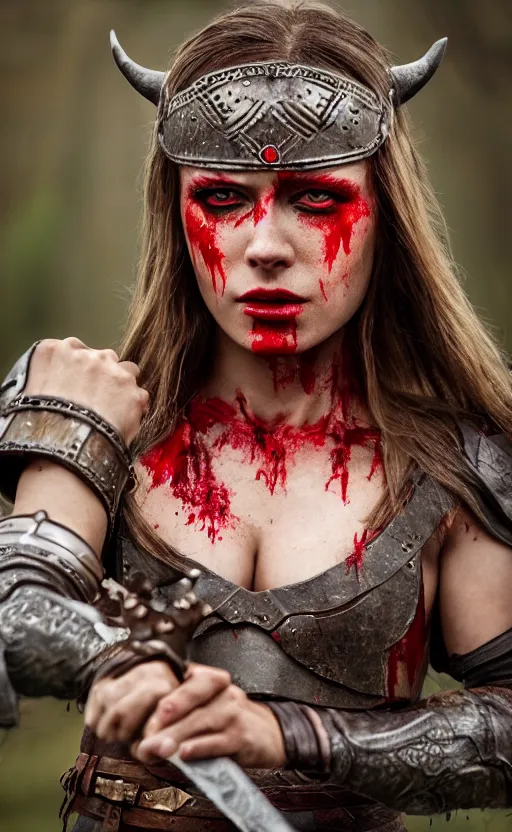 Image similar to photorealistic 3/4 photograph of beautiful female viking warrior, angry with big grey eyes, red tribal warpaint, Frank frazetta, arney freytag, octane, bokeh, 8k, action pose, bloody, cinematic, 28mm