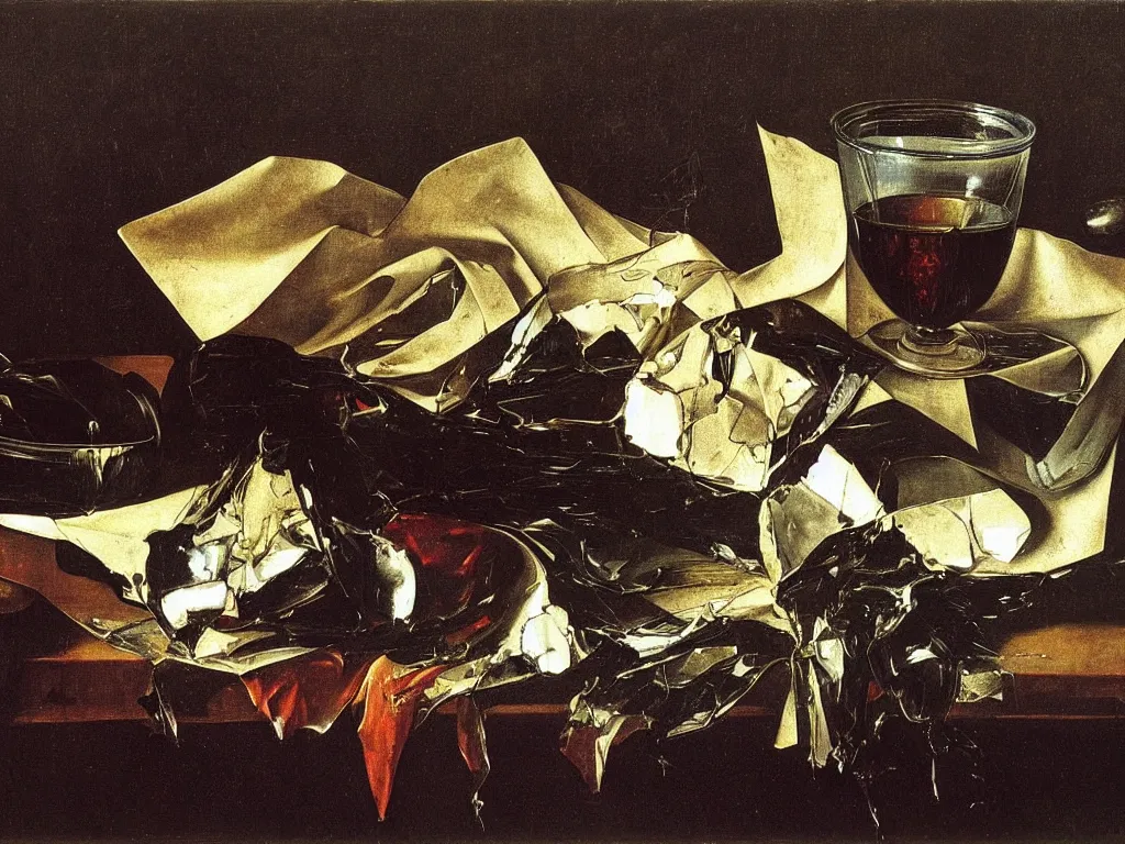 Prompt: by Michelangelo Merisi da Caravaggio Still Life with broken shattered wine bottles