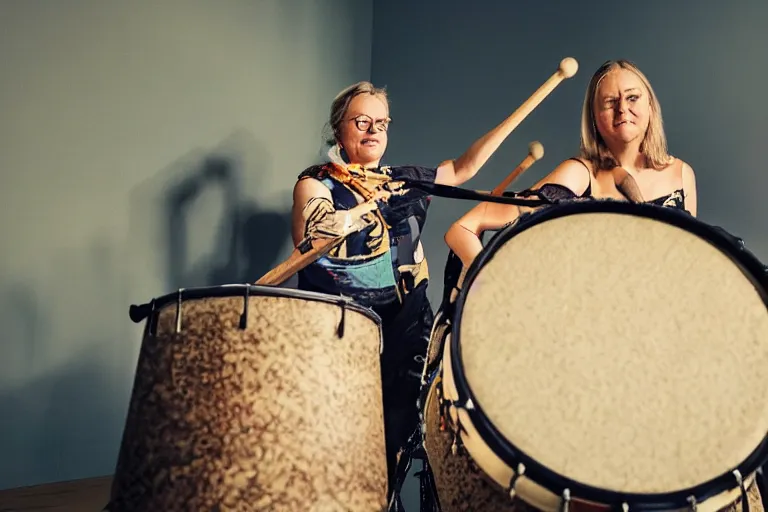 Prompt: A photo of The Prime Minister of Sweden, Magdalena Andersson, playing a drums on stage. natural colors, character photography, Exquisite detail, post-processing, masterpiece, photorealistic