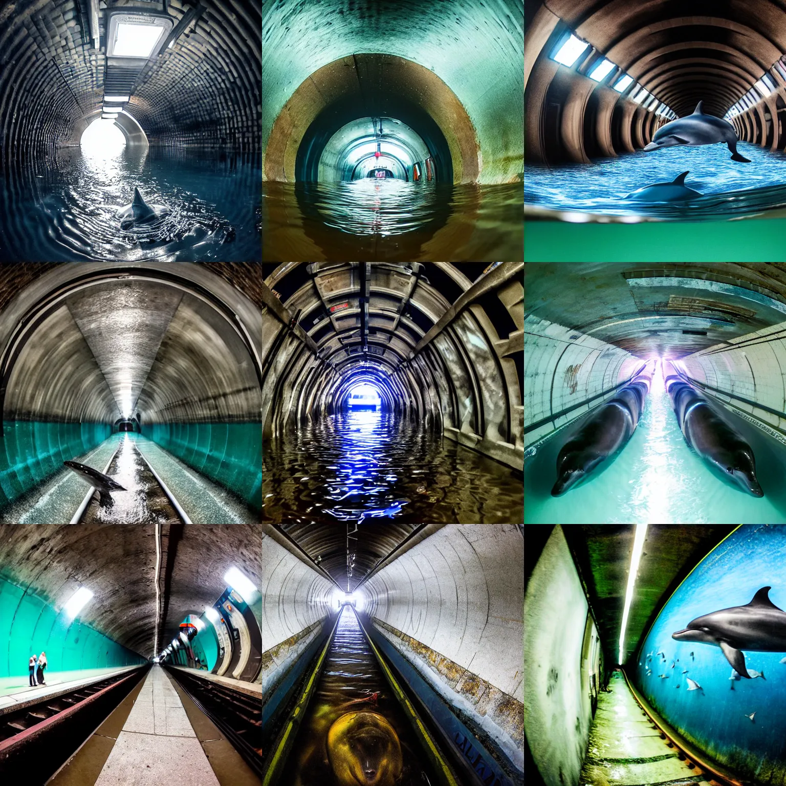 Prompt: a flooded london underground railway tube tunnel with a dolphin swimming in the water, behance, ecological art, dystopian art, fisheye lens