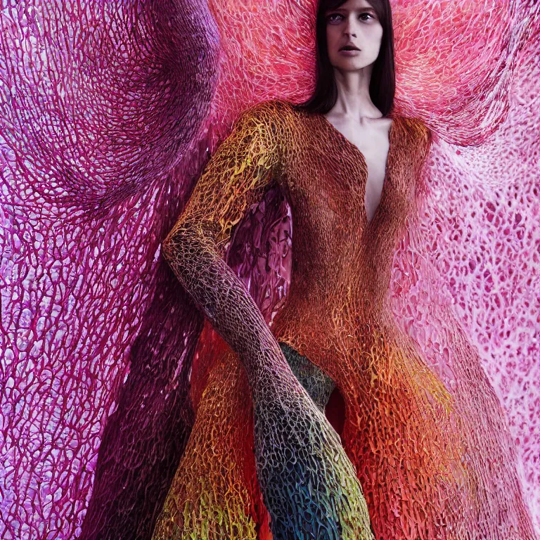 Prompt: beautiful cinematic fantasy character concept of lone elegant beautiful supermodel woman standing in a room wearing colorful and detailed textured futuristic haute couture by iris van herpen and Yohji Yamamoto and Neri Oxmanand Niccolo Casas and anouk wipprecht and behnaz farahi and jessica rosenkrantz and noa raviv and jun kamei , hybrid, by artgerm; wayne reynolds art station; cinematic quality character render; low angle; ultra long shot, vibrant colors, ultra high quality model; production quality cinema model;