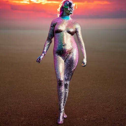 Image similar to portrait photo, a woman covered in intricate silver body paint and a purple florescent bikini inside a giant iridescent bubble floating above beautiful colorful pink sunset clouds