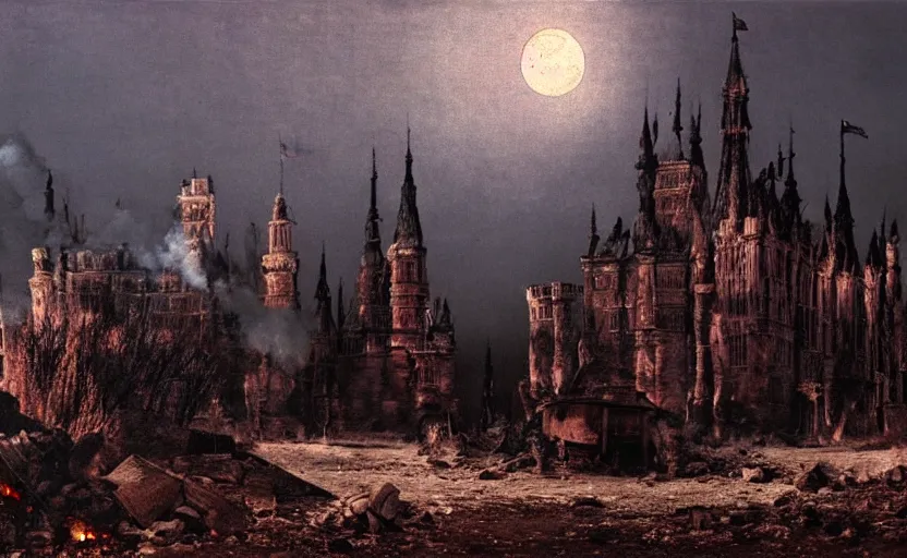 Image similar to a picture in high contrast by vasily vereshchagin of burning!!! gothic! castle in smoke and ashes by the village, full moon in clouds!, visual art, 8 k resolution, 3 d modelling, hard lighting, masterpiece, vray