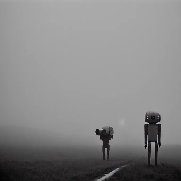 Image similar to a sole angular lanky liminal observer droid, in a brutalist yet rural landscape by simon stalenhag, 3 5 mm film photography, dawn, eerie fog