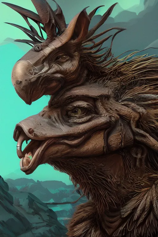 Image similar to portrait of goblin hippogriff explorer physically accurate, moody dynamic lighting, very very intricate, very very elegant, highly detailed, digital painting, artstation, in the style of Rob Lefield and Dan Mumford , trending on artstation, digital art,surrealism ,macro,blueprint ,vaporwave ,