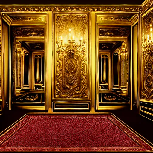 Prompt: parisian interior, dark walls, gold accents, interior design, thick carpet, hyperrealistic, hyperdetailed, super detailed, uhd, uhd, 8 k, high resolution,