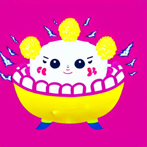 Image similar to kawaii wacky fluffy popcorn with lightning bolt power, yokai, in the style of a mamashiba, with a yellow beak, with a toroidal energy field, with a smiling face and flames for hair, sitting on a lotus flower, white background, simple, clean composition, symmetrical, suitable for use as a logo