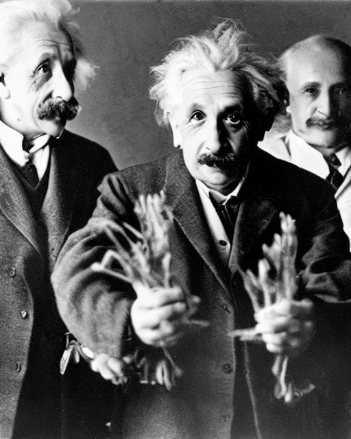 Image similar to an realistic photo of Albert Einstein holding a hand with 7 finders