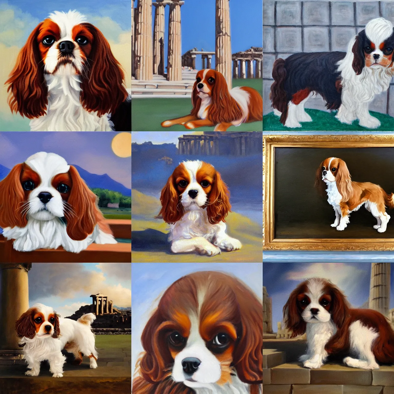 Prompt: fluffy cavalier king charles spaniel, ancient greece, temples, parthenon, oil on canvas