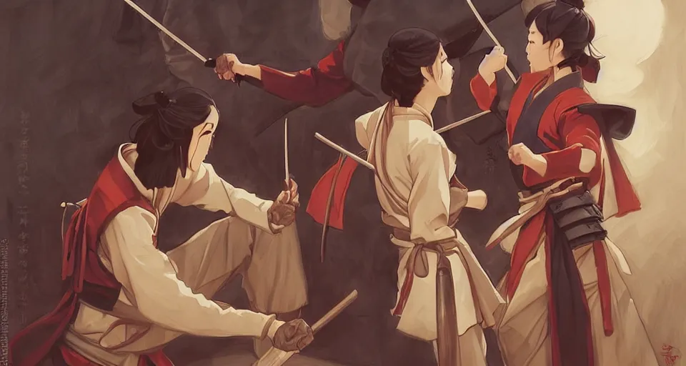 Image similar to samurai training school, in the style of studio ghibli, j. c. leyendecker, greg rutkowski, artgerm