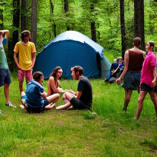 Image similar to a summer camp for adults filled with intellectualism, outdoor activities, and deep social connection, 4k