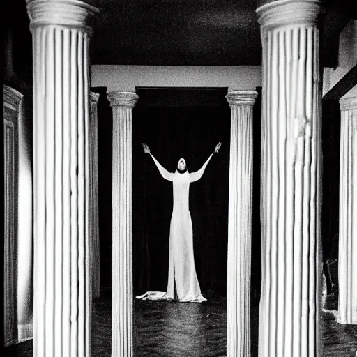 Image similar to nightmare vision, medium depth of field. black and white, award winning photo of smiling levitating twin nuns, wearing translucent sheet, Mary in a sanctuary, mirror hallways, eerie, tall columns, faces emerging from columns, frightening —width 1024 —height 1024