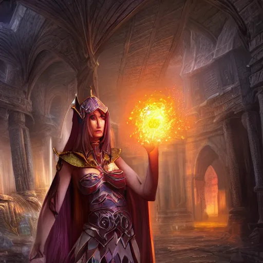 Prompt: digital art of half-elf sorceress from dungeons and dragons, a fireball spell forms in her hands, in a crowded ancient persian city, insanely detailed, depth of field unreal engine ultra-wide angle lens, volumetric lighting, vivid color,