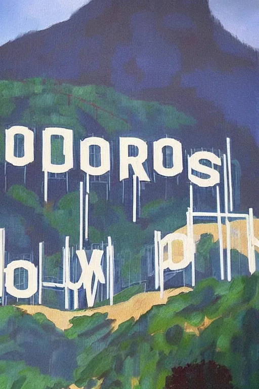 Image similar to bob ross painting of hollywood sign