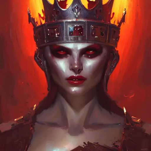 Prompt: attractive demon queen with crown and red eyes as an i robot, painting by gaston bussiere, craig mullins, luis rollo, torso portrait, digital painting, highly detailed, artstation, sharp focus, illustration, concept art, hd