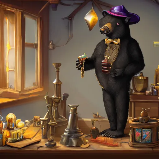 Image similar to Anthropomorphized black bear trader in his shop, selling his wares, portrait, items, gold, magic potions, carpet, window, fancy hat, sly expression , cunning expression, cute expression, long thick shiny gold beak, presenting wares, holding a gold bag, D&D, fantasy, cinematic lighting, highly detailed, digital painting, artstation, concept art, smooth, sharp focus, illustration, warm light, cozy warm tint, magic the gathering artwork, volumetric lighting, 8k, art by Akihiko Yoshida, Greg Rutkowski