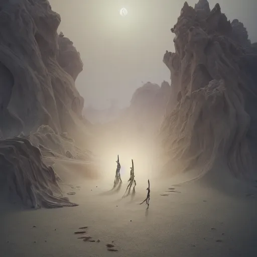 Prompt: dancing ghosts in the desert sandstorm, 4 k unreal engine renders, ultra - wide angle, by ellen jewett, zdzislaw beksinski and peter mohrbacher, trending on artstation : 1, cinematic, 8 k, octane, redshift, unreal 5, behance, deviantart, vray, well rendered