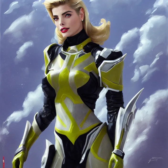 Image similar to A combination of Adriana Dxim's and Grace Kelly's and Ashley Greene's appearances with blonde hair wearing Interceptor's armor from Anthem, countryside, calm, fantasy character portrait, dynamic pose, above view, sunny day, thunder clouds in the sky, artwork by Jeremy Lipkin and Giuseppe Dangelico Pino and Michael Garmash and Rob Rey and Greg Manchess and Huang Guangjian, very coherent asymmetrical artwork, sharp edges, perfect face, simple form, 100mm