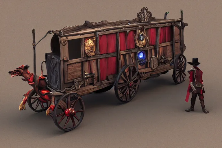 Image similar to 3d sculpt of a gothic circus wagon, artstaton, League of Legends, red dead redemption2, overwatch, digital illustration