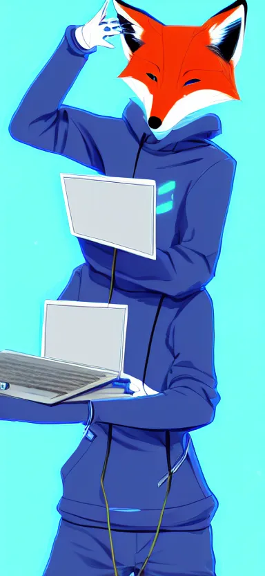 Image similar to an sketch art of anthropomorphic fox in a blue hoodie hacking a portable computer by gainax studio, artstation, digital art, oc commission, high detailed, stylised