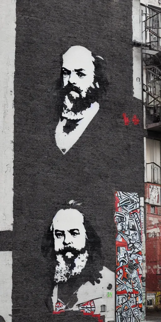 Prompt: graffiti portrait of karl marx, street art by shepard fairey and banksy