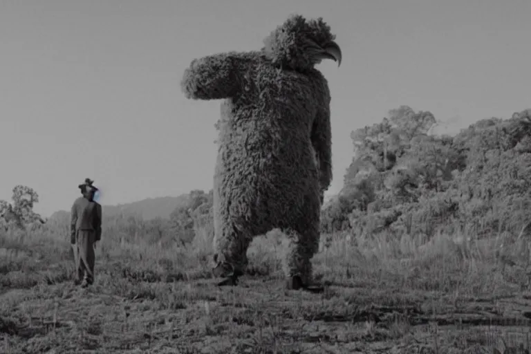 Prompt: a cinematic still of beautiful landscape, olmsted, brutalist chicken man