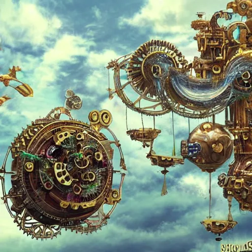 Image similar to flying city in a mechanical flower, flying city in a mechanical flower, detailed, sky, fantasy art, steampunk, masterpiece