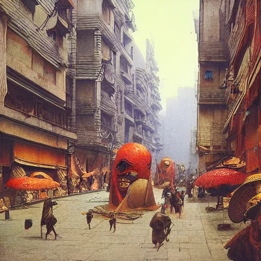 Image similar to art deco streets of the Undying Empire city of ya-Sattra during the Festival of Masks, award-winning realistic painting by Beksinski, Bruegel, Greg Rutkowski, Alphonse Mucha, and Yoshitaka Amano