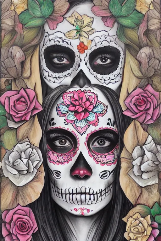 Image similar to Illustration of a sugar skull day of the dead girl, art by sean yoro