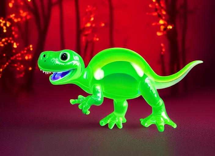 Prompt: photo of a translucent clear pixar 3 d style baby dinosaur with symmetrical head and eyes, smiling, made out of clear plastic, but has red hypercolor glowing electric energy inside its body, and electricity flowing around the body. in the forest. electric bubbles and electric red clear glass hearts, fantasy magic style. highly detailed. intricate design by pixar