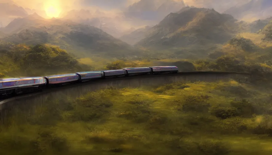 Prompt: futuristic train driving through valley, green hills, matte painting, artstation, sunrise, blue sky