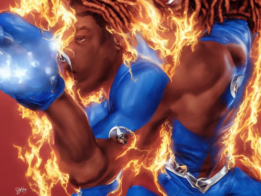 Image similar to African American Johnny Storm young male superhero of the fantastic four with flaming brown dreadlocks hair, blue uniform with the number 4 on the chest in a round logo, cinematic, high detail, no imperfections, extreme realism, high detail, extremely symmetric facial features, hyper realistic, dramatic lighting, unreal engine, by Stephen Spielberg