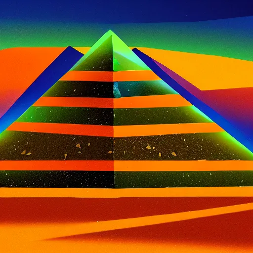 Prompt: four - sided pyramid peridot, turquoise, amber, volumetric light, abstract, bright colour, landscape, desert, earth, fire, water