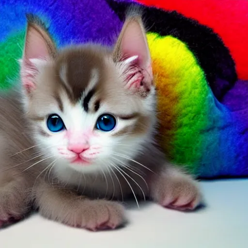 Image similar to retarded rainbow kitten! laying on it ‘ s back showing it ‘ s fluffy belly while looking at the camera!, photorealistic, anatomically correct, sharp focus, 4 k, beautiful,
